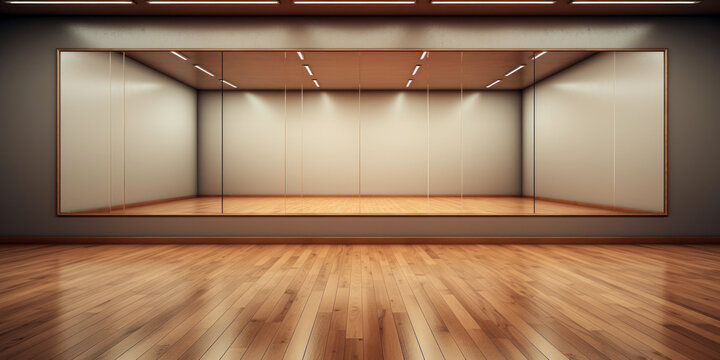 Empty dance studio, wall mirrors reflect the polished wooden floor, barres