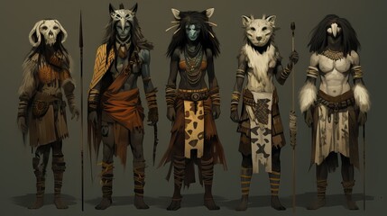 Fototapeta premium a set of traditional costumes from various ancient cultures and tribes. featuring animal skins, feathers, and combat elements, offering a visually striking and rich glimpse into history. Generative ai