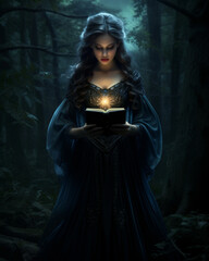 A beautiful mysterious witch holding a magic book in a fairy night forest
