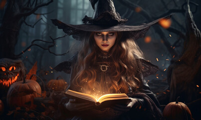 A beautiful mysterious witch holding an old magic book in a fairy night forest