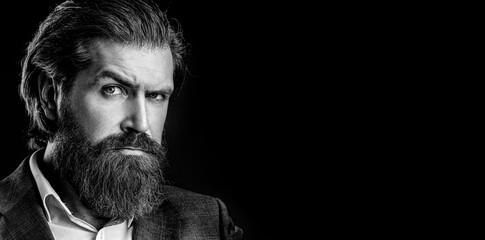Male beard and mustache. Sexy male, brutal macho, hipster. Elegant handsome man in suit. Handsome...