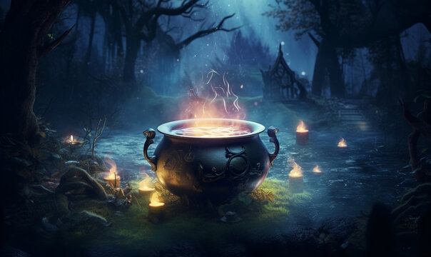 A mysterious magic cauldron in a fairy night forest