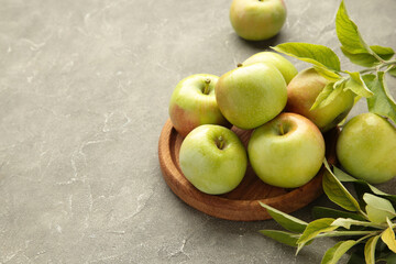 Ripe green apples with green leaves on grey background