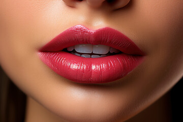 Shiny sexy lips with red glossy lipstick close-up