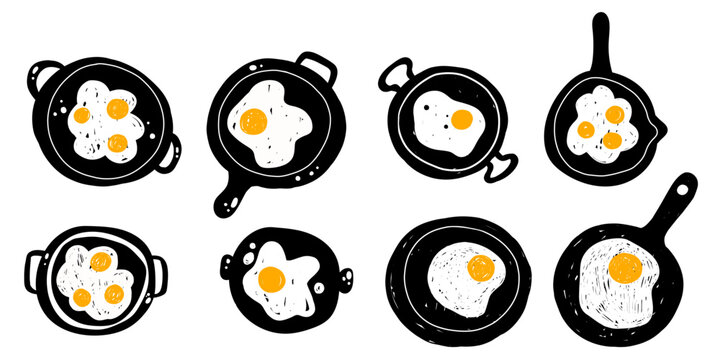 Cooked hand drawn doodle sketch egg yolk friend on frying pans set collection for recipes, flyer.