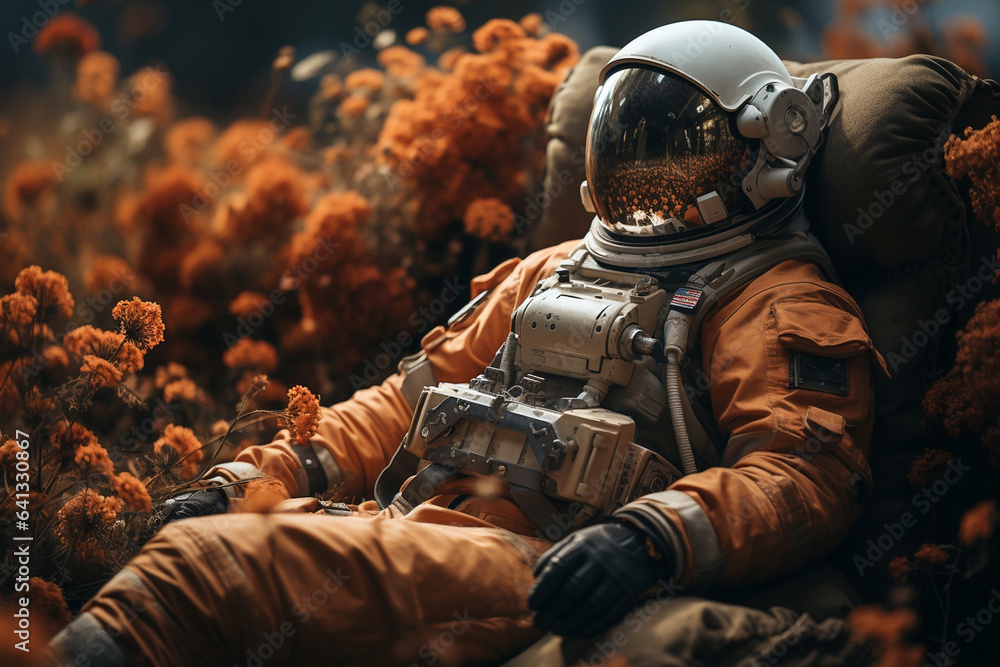 Wall mural an astronaut in a spacesuit is sitting in a chair in a field with flowers