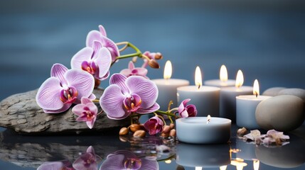 Obraz na płótnie Canvas Spa still life Spa zen composition with orchid flowers. Generative AI.