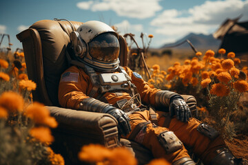 an astronaut in a spacesuit is sitting in a chair in a field with flowers - obrazy, fototapety, plakaty