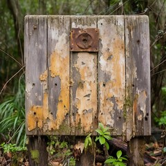 an empty, weathered wooden sign, showing the wear and tear of time as it's nailed to a tree. The blankness of the sign and its placement in the natural setting evokes feelings of mystery Generative AI