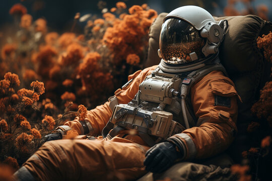 an astronaut in a spacesuit is sitting in a chair in a field with flowers