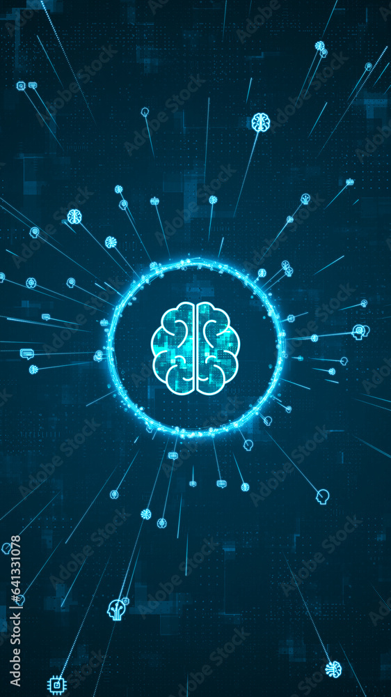 Poster blue digital brain logo and ai icons ring rotation around logo with ai icons spread on abstract back