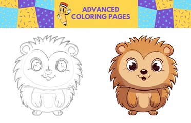 Hedgehog coloring page with colored example for kids. Coloring book