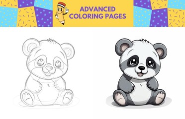 Panda coloring page with colored example for kids. Coloring book