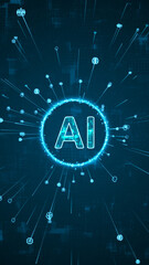 Blue digital AI logo and AI icons rotation around logo with ai icons spread and line on abstract background with Ai chatbot and machine learning technology