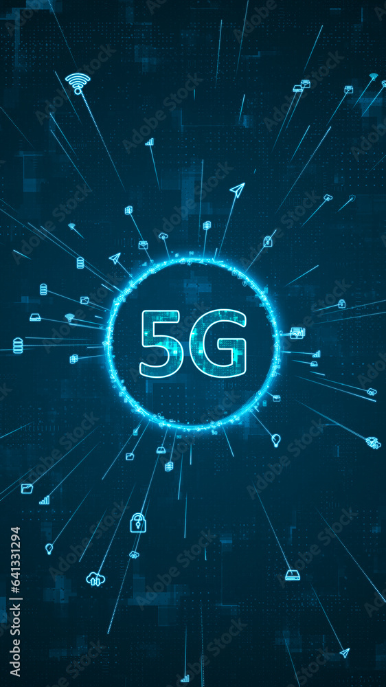 Poster blue digital 5g logo and ring rotation around logo with ai icon spread and line linked on abstract b