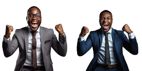 Portrait of a joyful African businessman celebrating corporate success in a transparent background