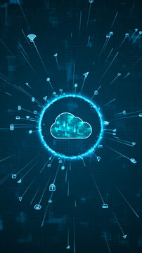 Blue digital cloud computing logo and ring rotation around logo with ai icon spread and line linked on abstract background with storage big data backup