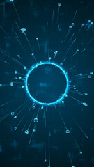 Blue digital particle ring rotation around logo with ai icon spread and line linked on abstract background