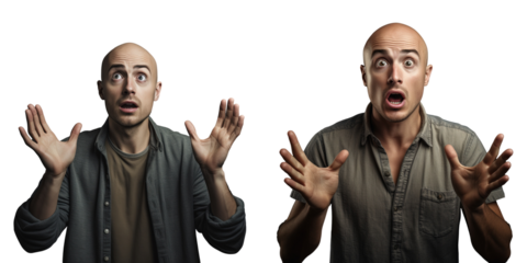 Surprised young bald man with open hands on transparent background