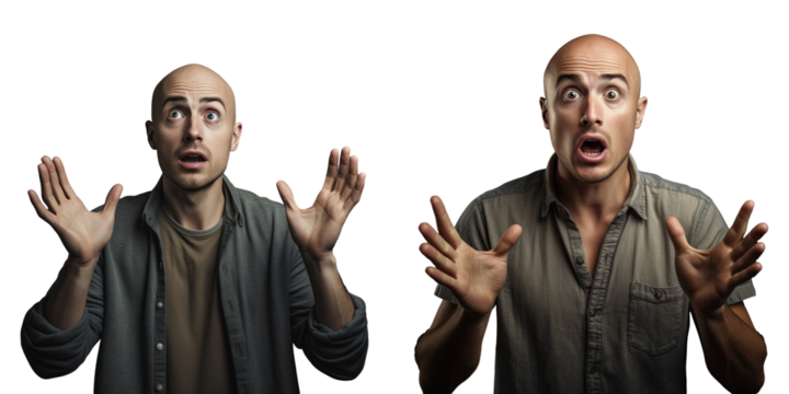 Surprised young bald man with open hands on transparent background - Powered by Adobe