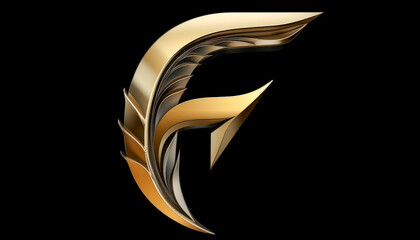 Luxury golden letter f logo with reflection on black background.