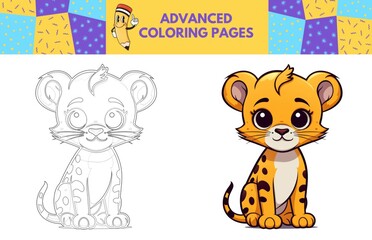 Cheetah coloring page with colored example for kids. Coloring book