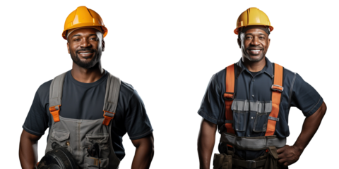 Optimistic construction worker smiling in studio holding tools isolated on transparent background