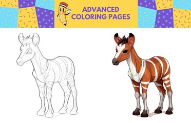 Okapi coloring page with colored example for kids. Coloring book