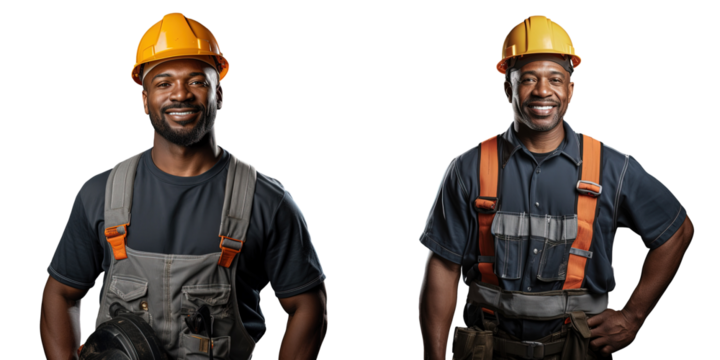 Optimistic construction worker smiling in studio holding tools isolated on transparent background