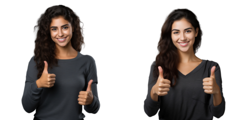 Female student giving a thumbs up alone on transparent background