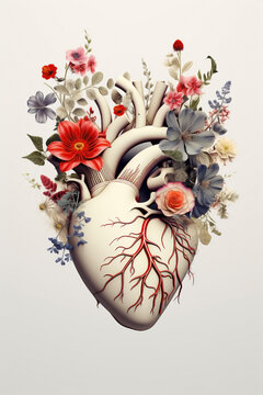 Anatomy of the human heart filled with flowers, plants and life on a neutral background. Heart health concept.