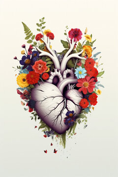 Anatomy of the human heart filled with flowers, plants and life on a neutral background. Heart health concept.
