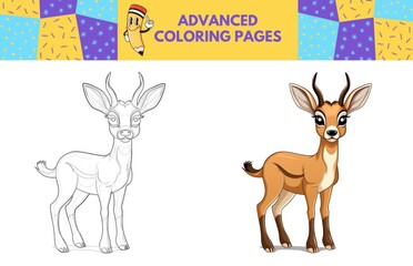 Gazelle coloring page with colored example for kids. Coloring book