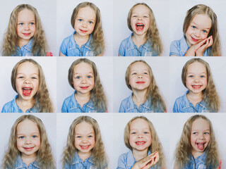 Collage of portraits of a little girl with different emotions.