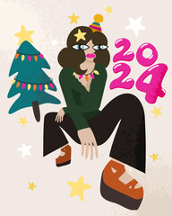 Woman, Christmas tree, stars and lettering. 2024. Happy New Year and Merry Christmas.