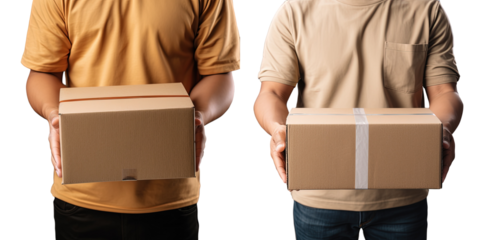 Hand of delivery person holding package box isolated on transparent background while delivering express courier service