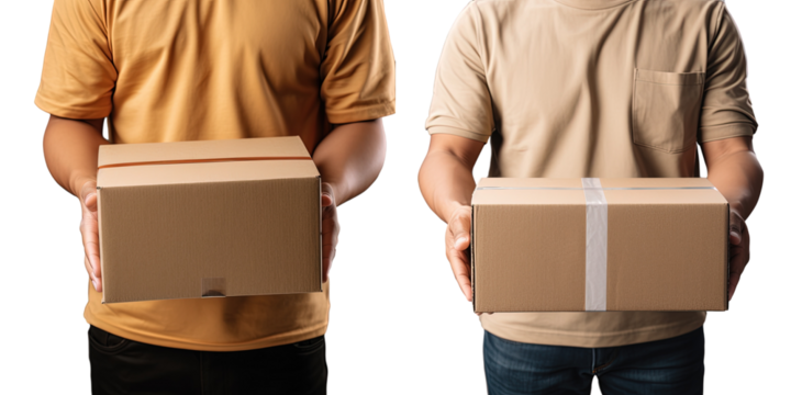 Hand of delivery person holding package box isolated on transparent background while delivering express courier service