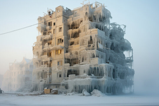 climate catastrophe, cold winter, apartment building froze and covered with ice