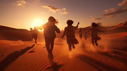 children running in the evening sun in a desert.