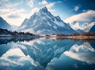 A lake is reflected by the mountains during sunrise, in the style of photo-realistic landscapes, swiss style.
