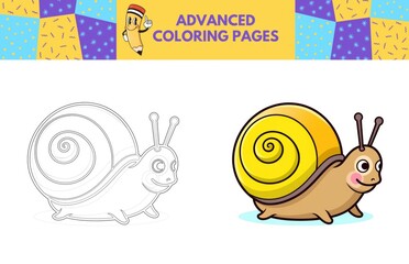 Snail coloring page with colored example for kids. Coloring book