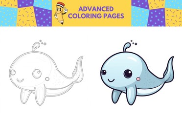 Naklejka premium Narwhal coloring page with colored example for kids. Coloring book