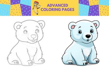 Polar Bear coloring page with colored example for kids. Coloring book