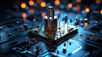 Fototapeta na wymiar Safeguard Your Data: A Visual Representation of Cybersecurity on a Modern Motherboard Circuitboard. Ai Generative.