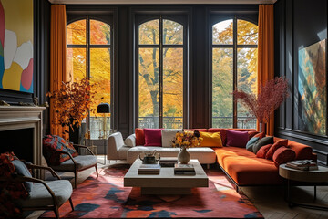living room with large windows in autumn