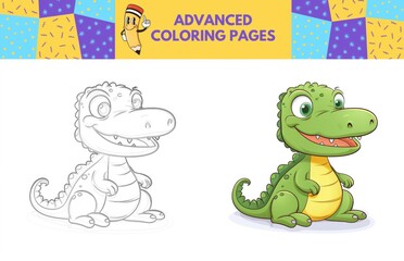 Naklejka premium Alligator coloring page with colored example for kids. Coloring book
