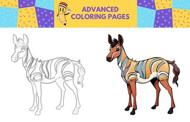 Okapi coloring page with colored example for kids. Coloring book