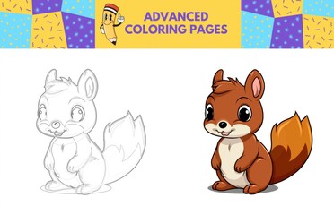 Squirrel coloring page with colored example for kids. Coloring book