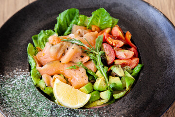 Smoked salmon salad with avocado, healthy food