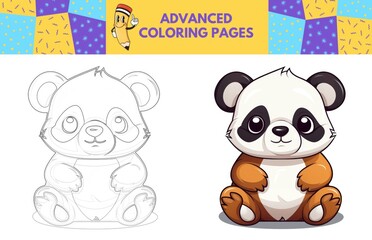 Obraz na płótnie Canvas Panda coloring page with colored example for kids. Coloring book